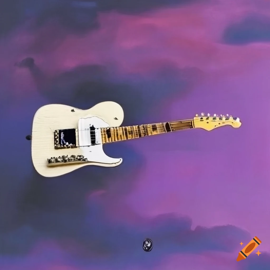 Flying white Telecaster guitar in a purple night sky