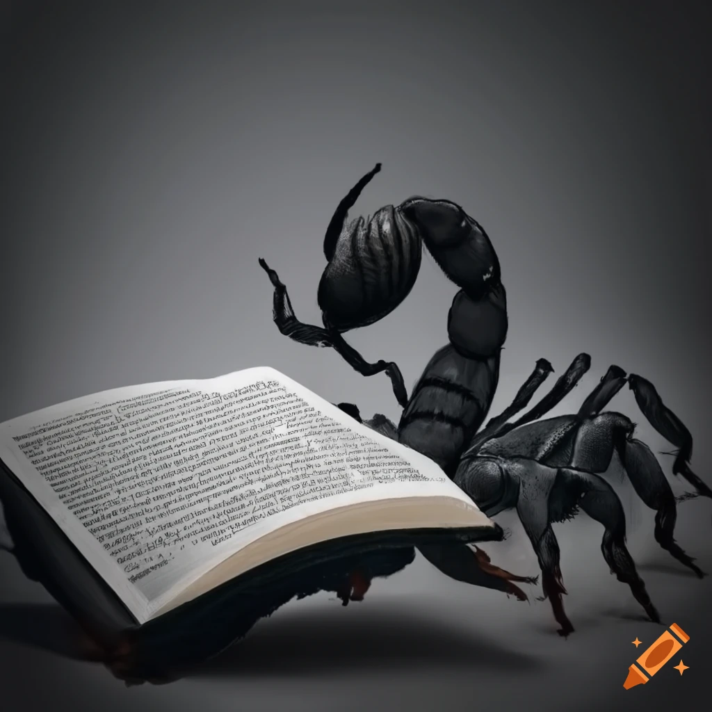 Black scorpion reading a white book