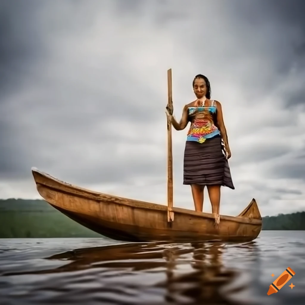 Indigenous woman in wooden canoe with rowing pole