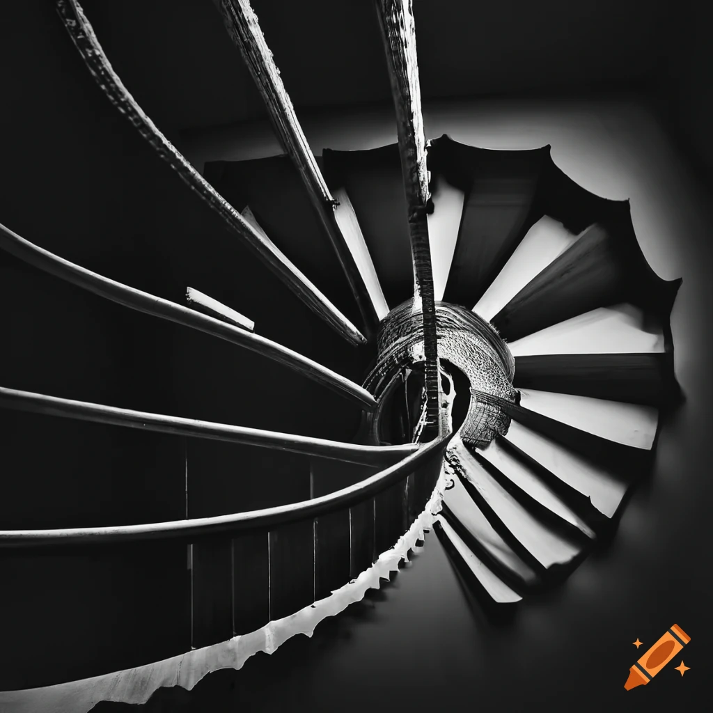 Black and white photograph of a bright spiral staircase