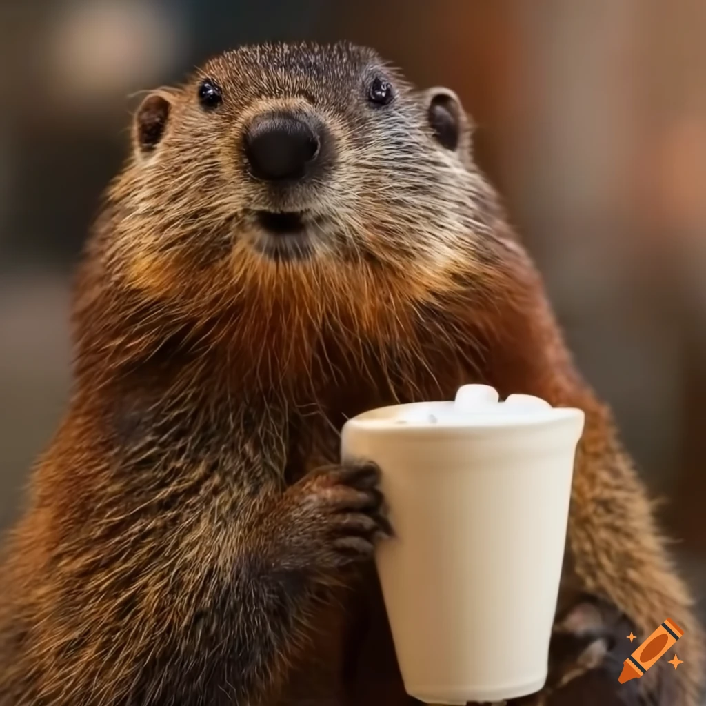 Woodchuck posing with a latte in a cozy cafe on Craiyon