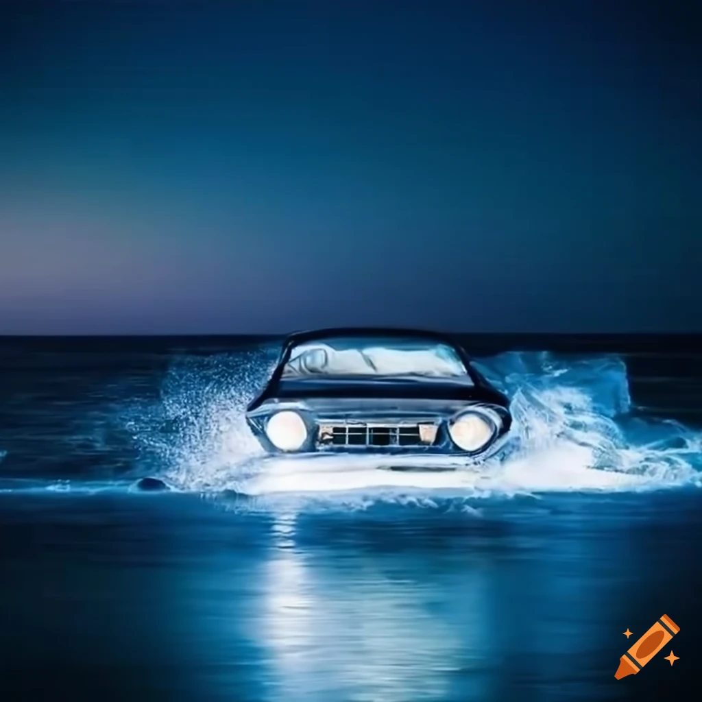 Car Riding Wave Waves crashing on the shore with a classic blue muscle car at night on ...