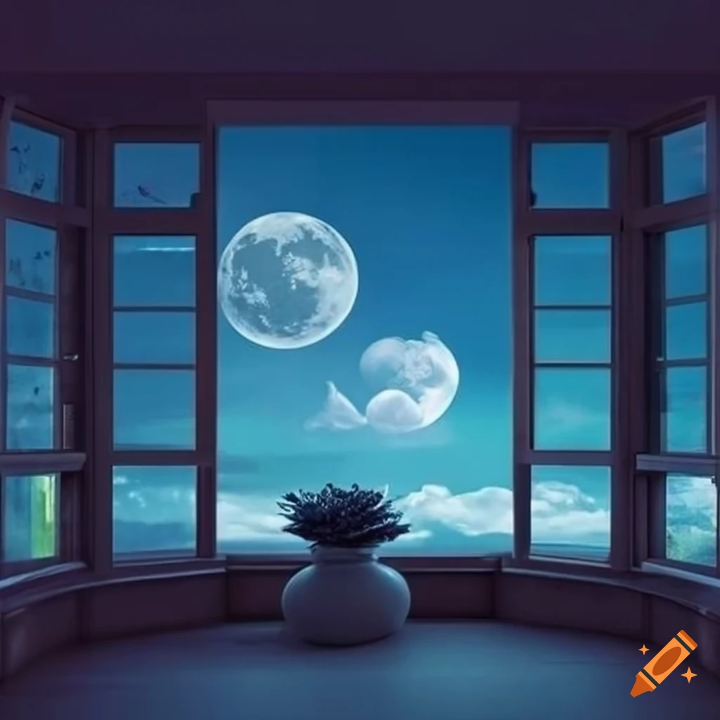 Dreamy and peaceful bedroom with clouds and moon outside the window
