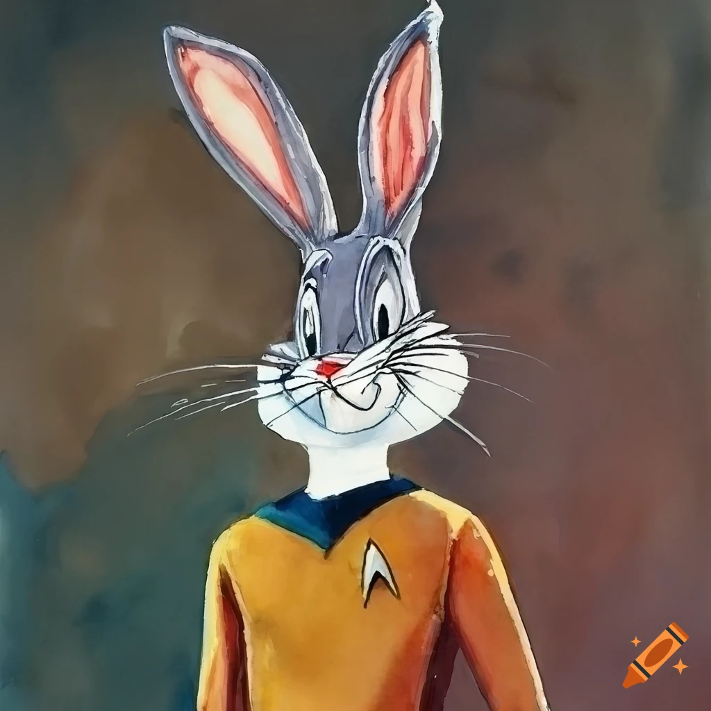 Bugs bunny in 1960s star trek uniform depicted in aquarelle painting on