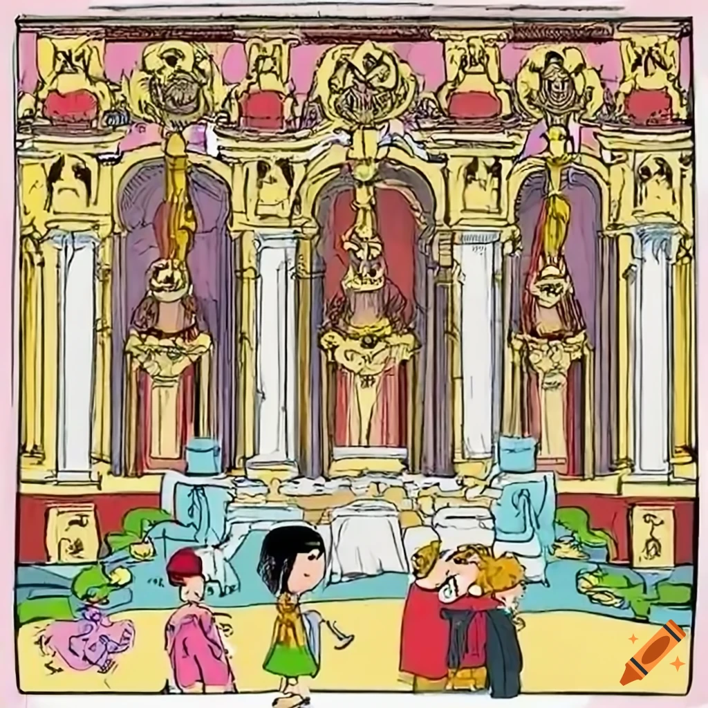 Cartoonish characters in a magnificent palace drawing admiring glances