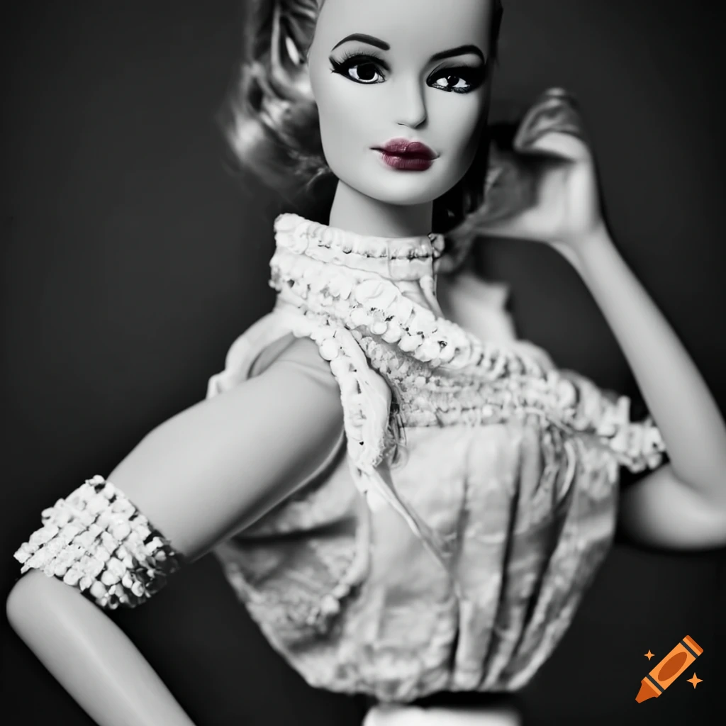 Fashionable barbie with nostalgic 1950s style in a monochromatic