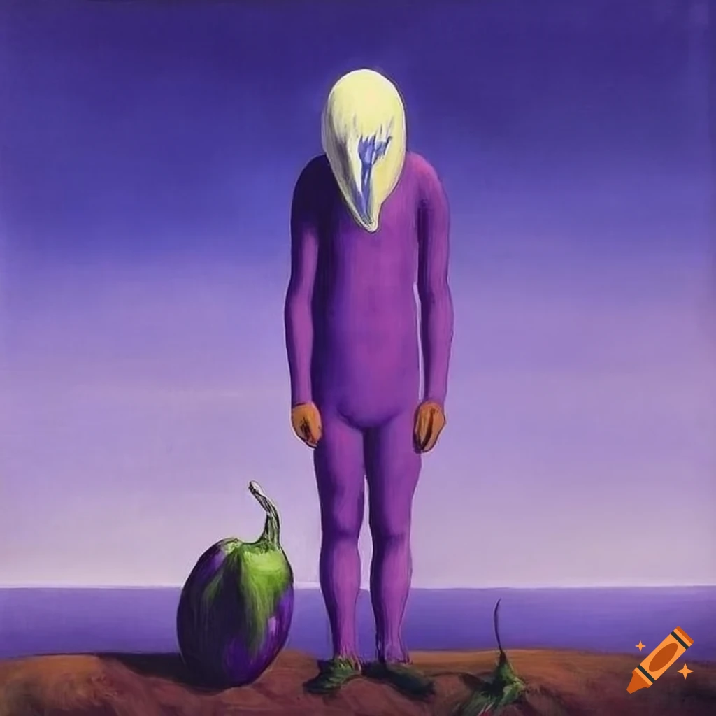 Interpretation of Son of Man with blonde hair and eggplant covering face in purple landscape by Rene Magritte