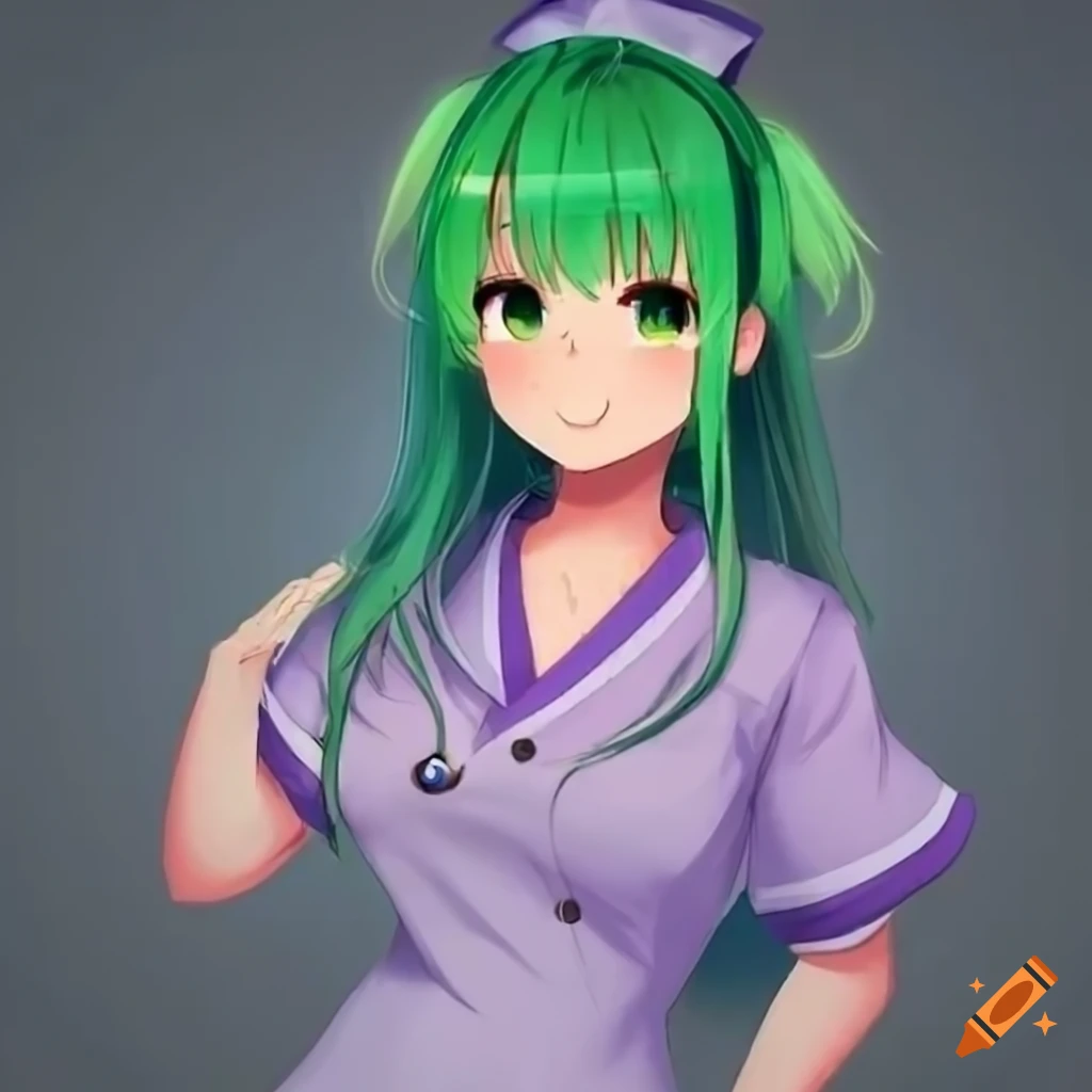 Adorable Japanese nurse with long green hair in nurse uniform