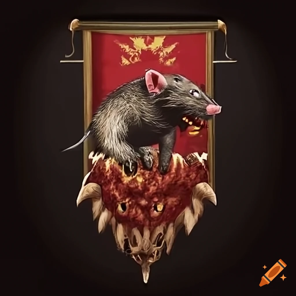 Banner depicting an angry rat in the style of game of thrones house