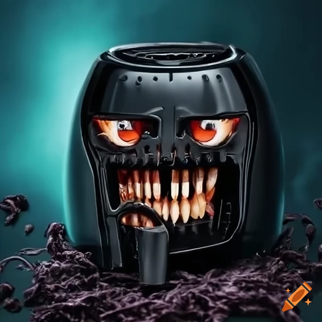Black air fryer with a menacing look and teeth