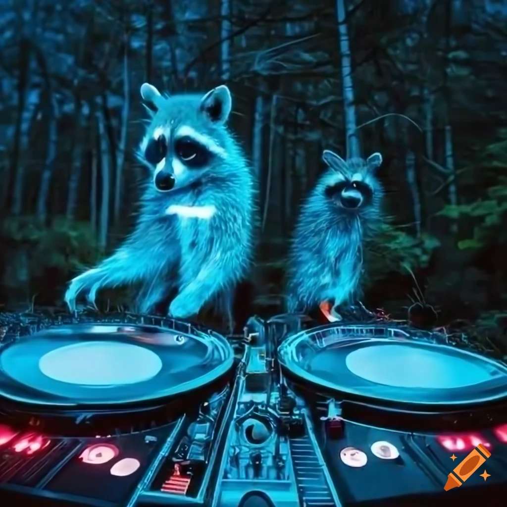 Raccoons DJing in a neon-lit forest with glowsticks