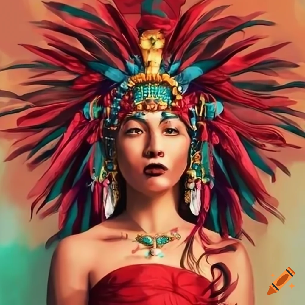 Representation Of The Aztec Goddess Xochiquetzal In A Red Dress And Headdress On Craiyon