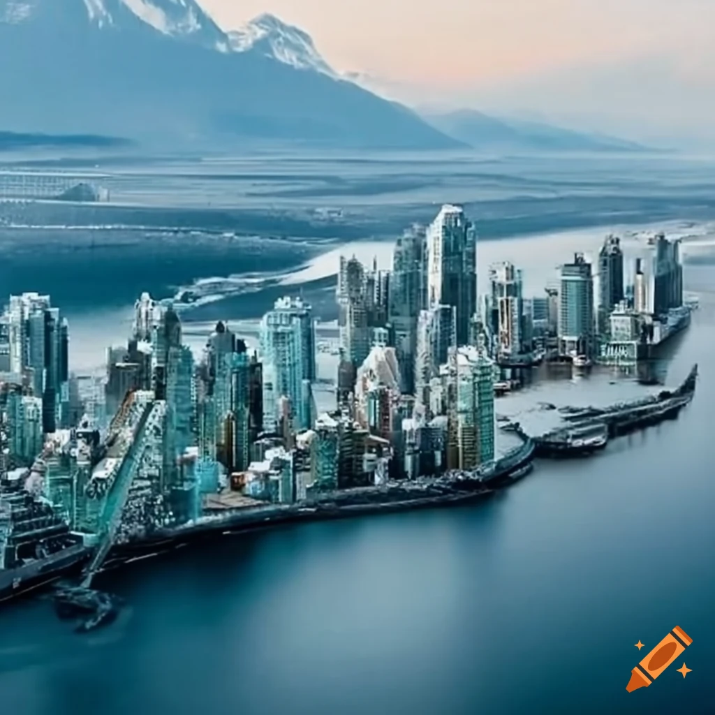 Long shot of 'false creek' in vancouver with 'telus' world of science