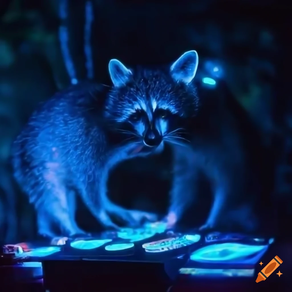 Raccoons DJing in a neon-lit forest with glowsticks