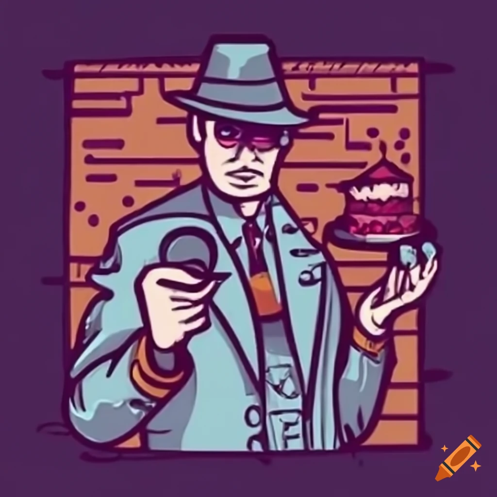 Detective with cake and magnifying glass solving a crime in retro 80s style