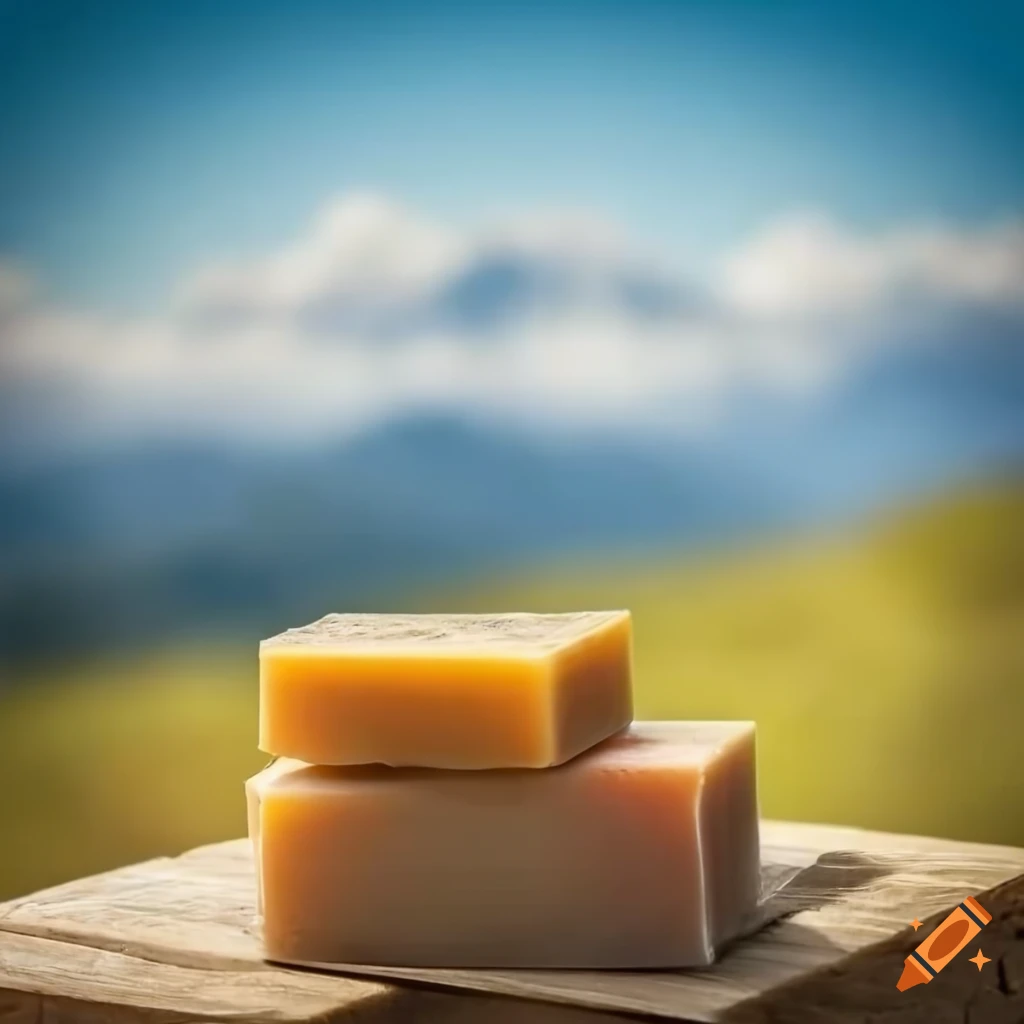 Natural cleansing soap with mountainous landscape in the background