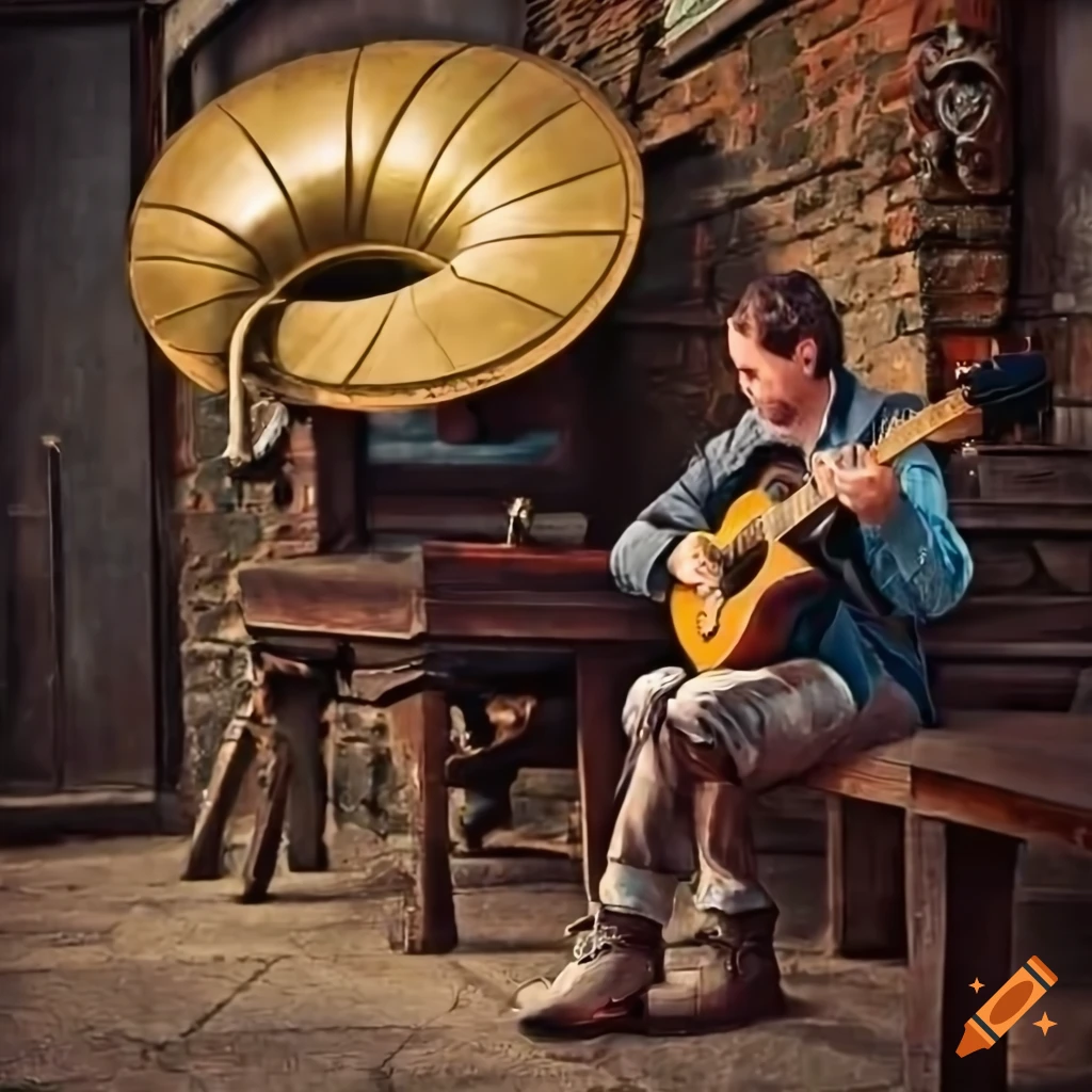Man sitting outside an old pub with a gramophone and a guitar