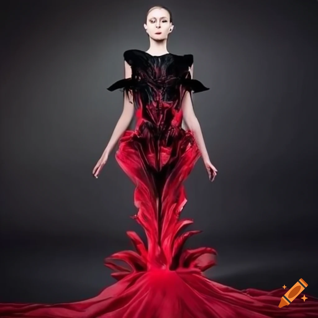 Innovative black and red dress by iris van herpen on the runway on Craiyon