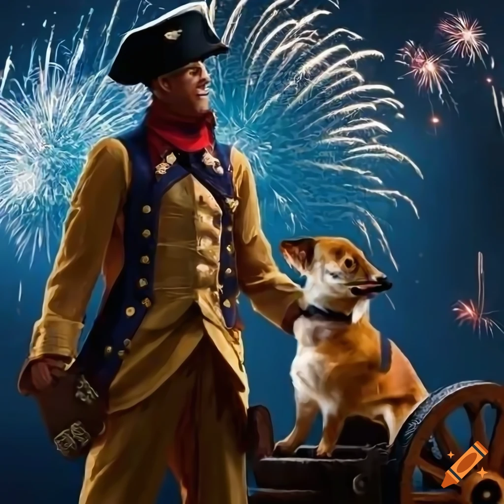 American colonial soldier in battle scene with fireworks at night, cannon, and bald eagles, accompanied by a small corgi dog in colonial outfit