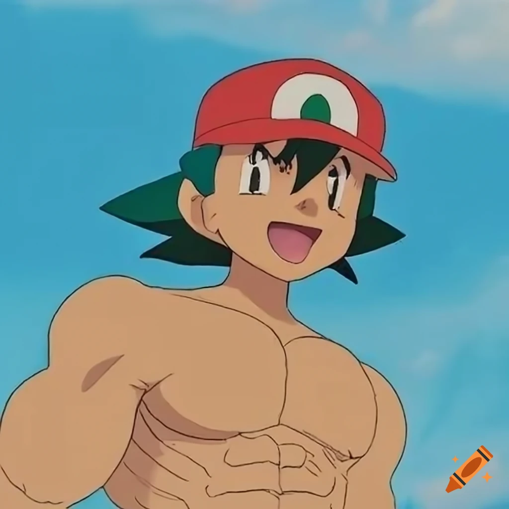Buff and muscular Ash Ketchum in Studio Ghibli anime style