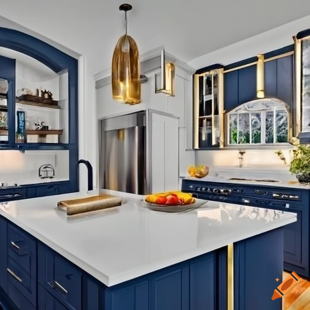 Beautiful kitchen with modern chic design featuring navy blue
