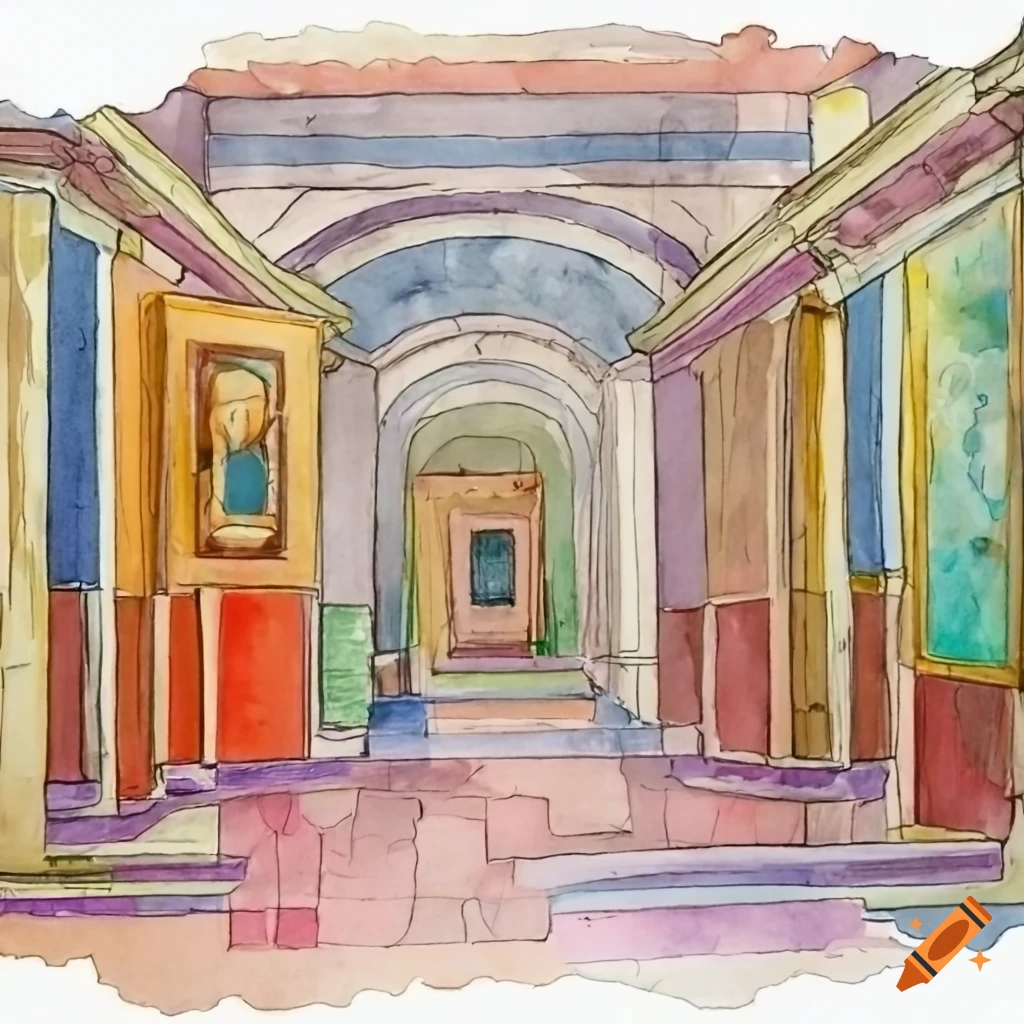 Gallery with circular arrangement of paintings and a statue in the center