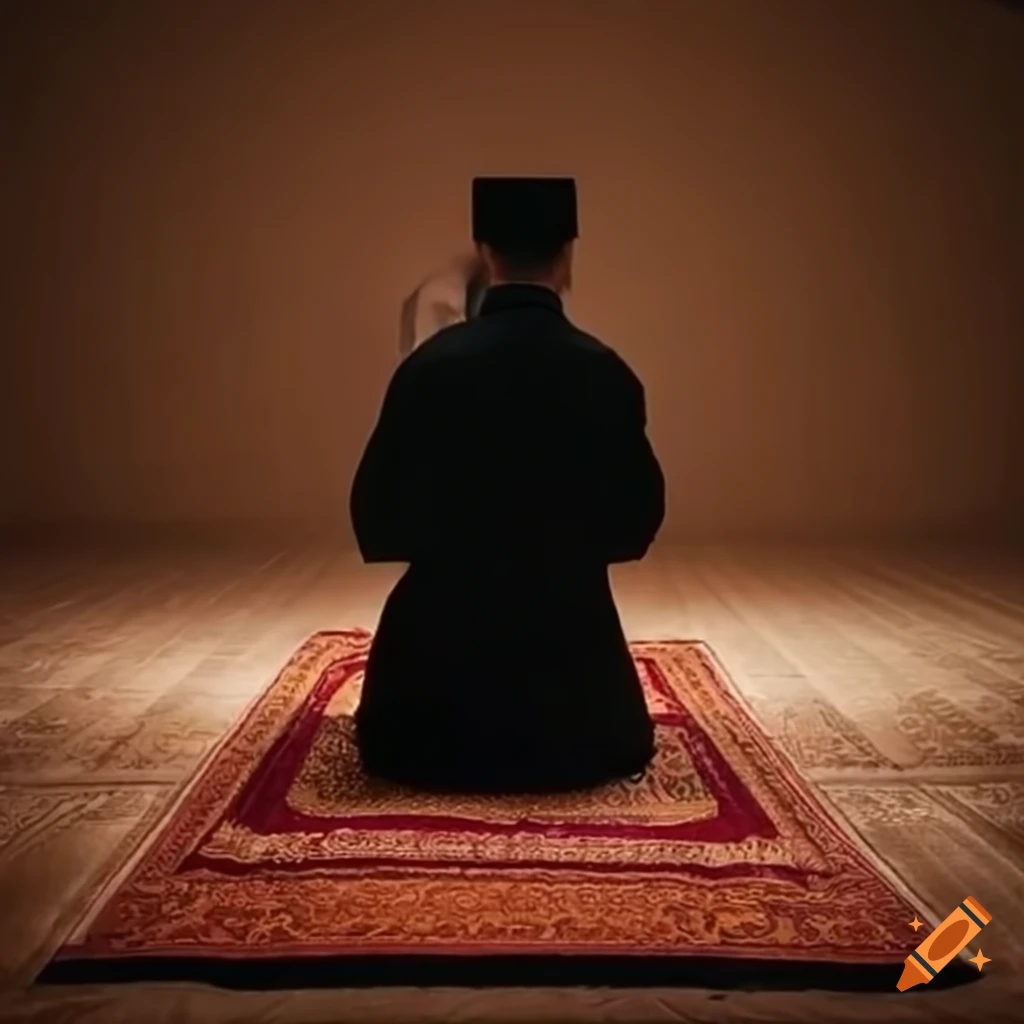 Imam praying on a mat in a mysterious dim room