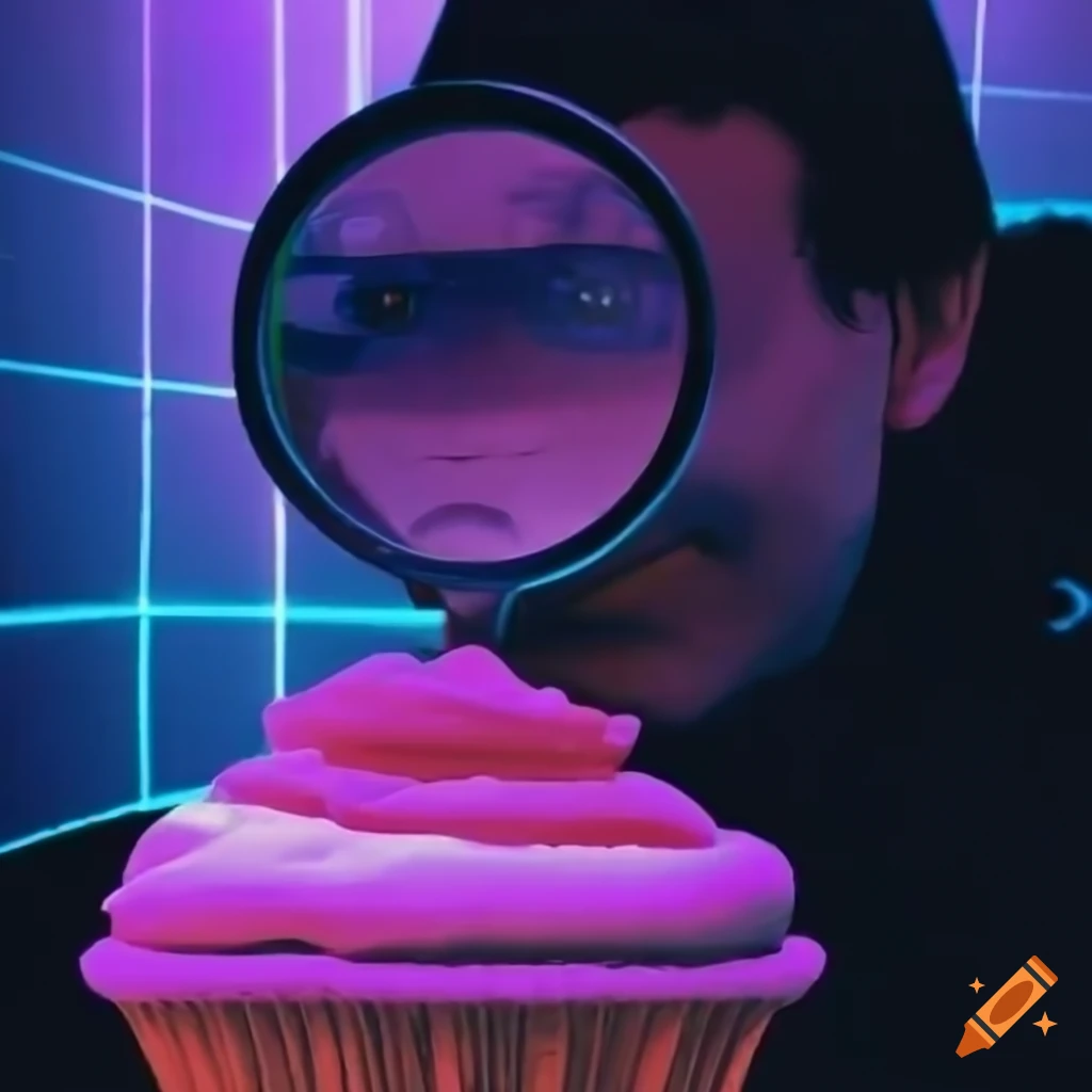Retro 80s-style synthwave cupcake detective solving crime in New York alley