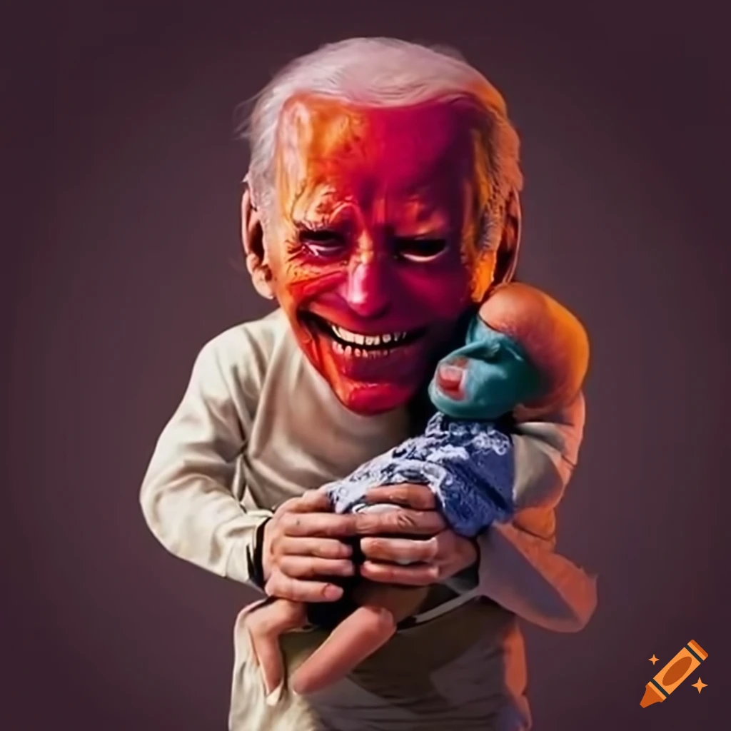 Political satire depicting Joe Biden as a demon holding a child