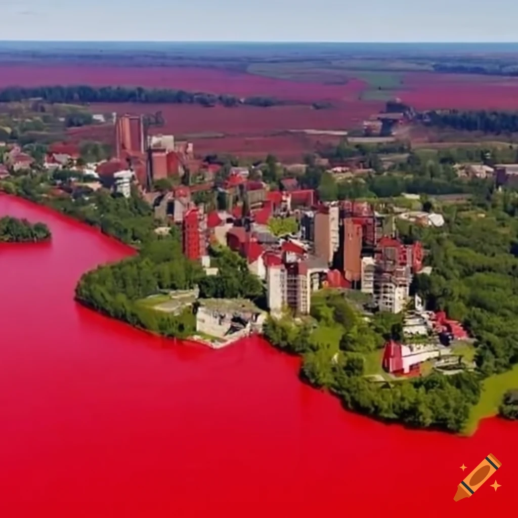 Rouge lake with a city in the background on Craiyon