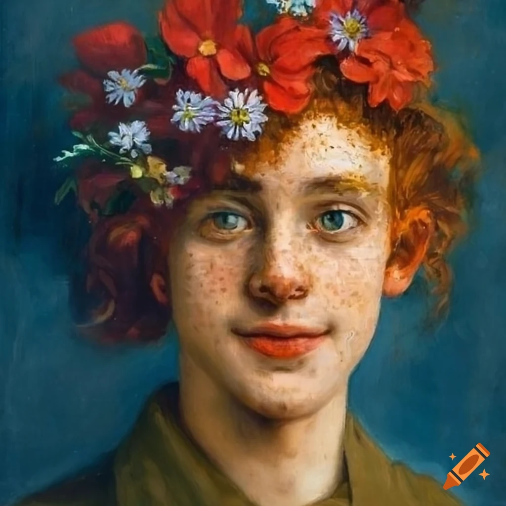 Smiling young man with red wavy hair and flowers in army clothes in oil