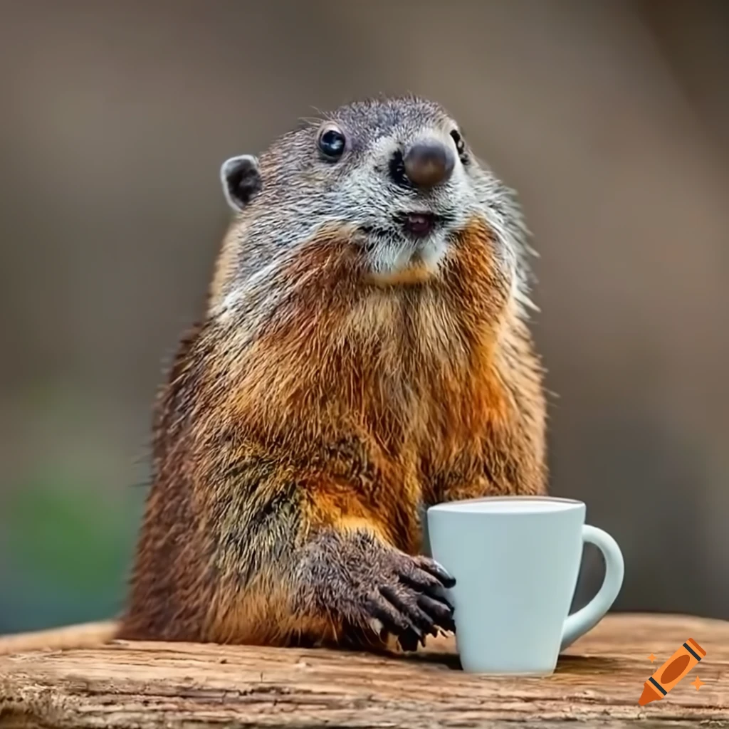 Woodchuck posing with a latte in a cozy cafe on Craiyon