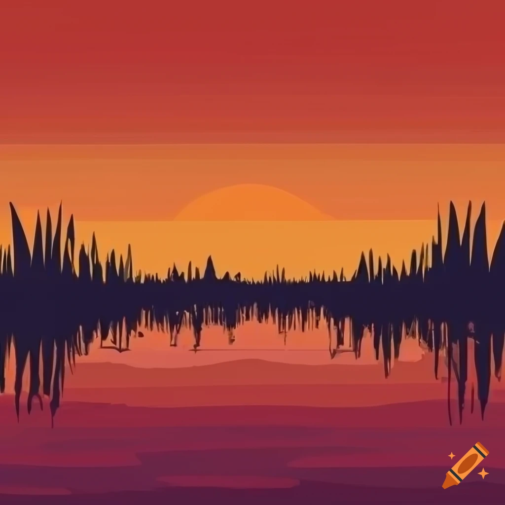 Sawgrass landscape in everglades at sunset with simple vector shapes on