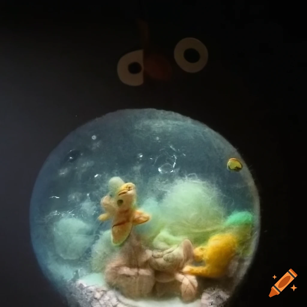 Needle felt bathysphere descending among deep sea fishes with rays of light