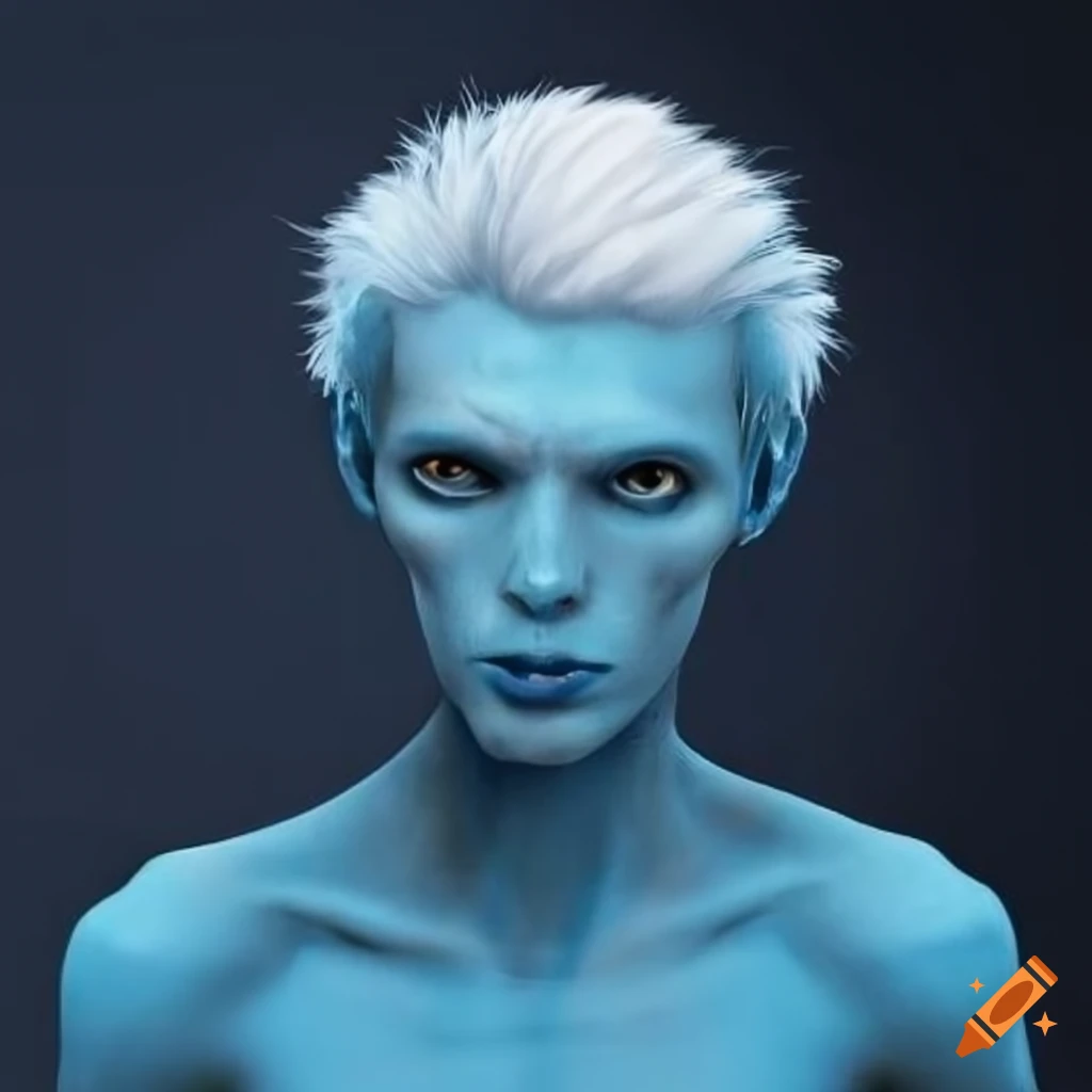 Portrait Of A Blue Skinned Humanoid Alien Man With Pointed Ears And