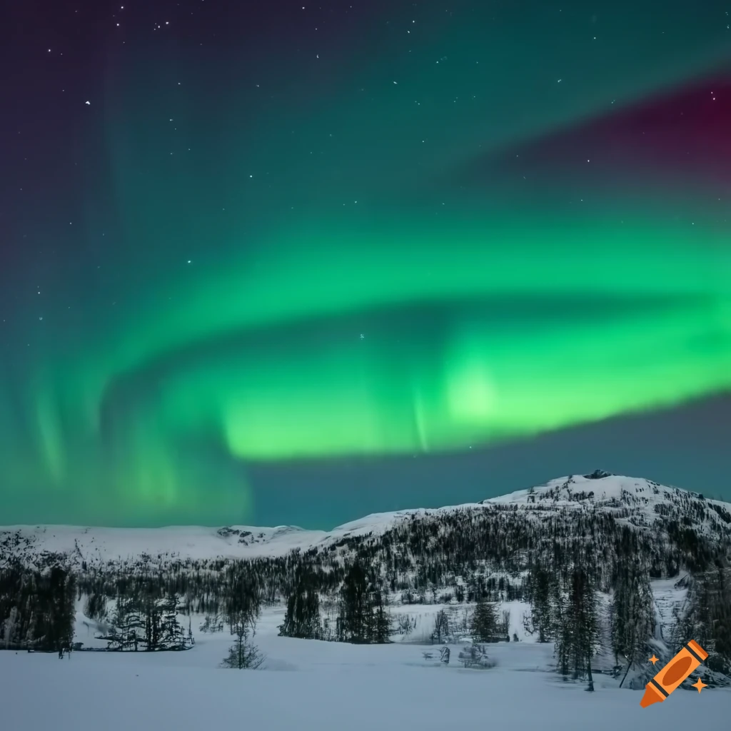 Aurora borealis northern lights over snowy mountains in Lapland, Finland