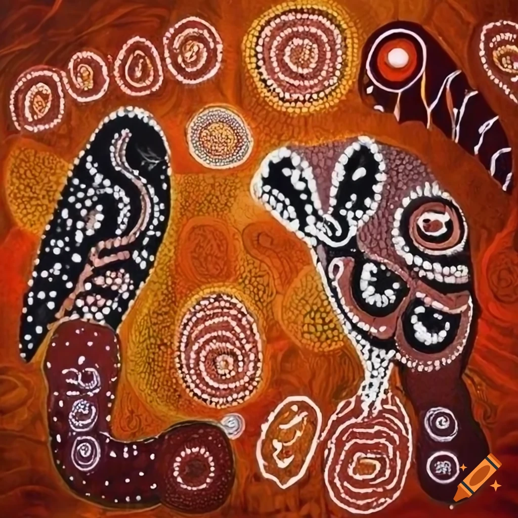 Detailed painting of australian aboriginal dreamtime with animals in a