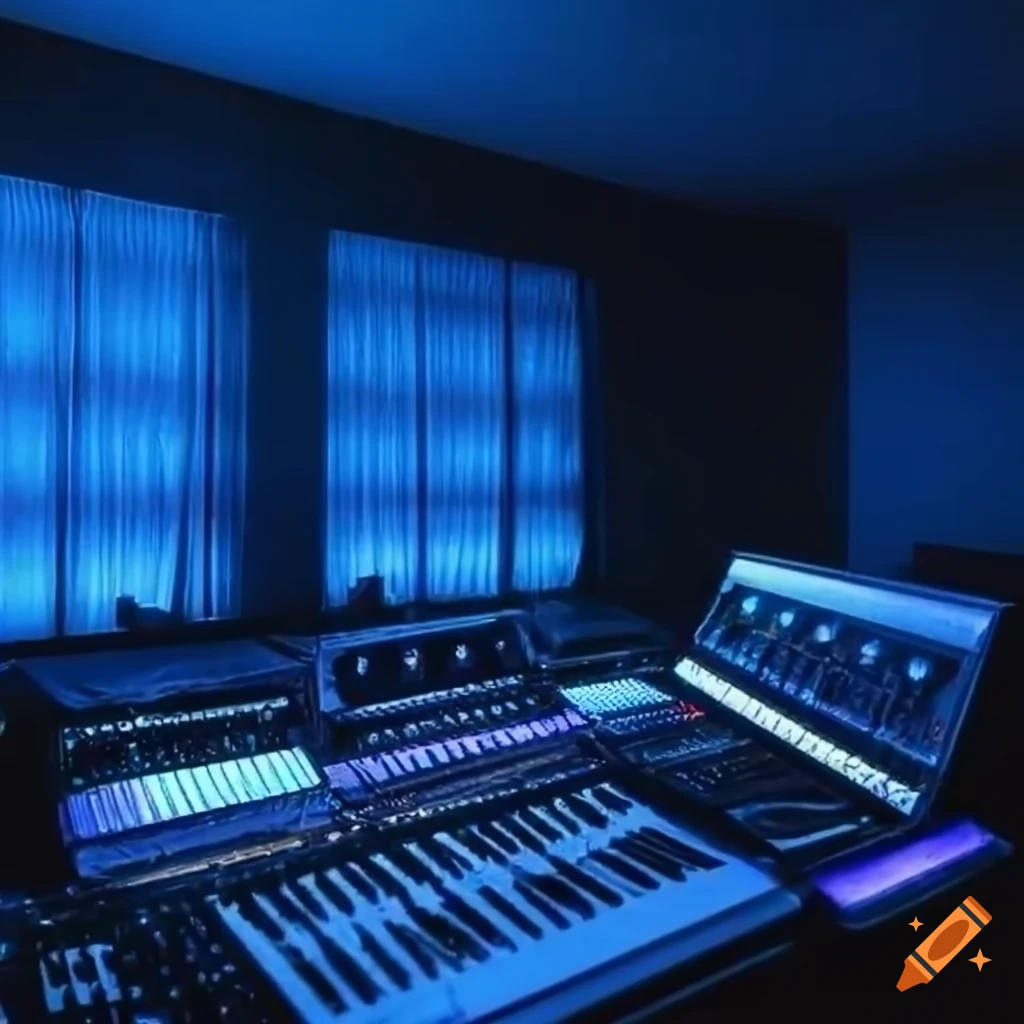 cozy-and-chill-music-studio-with-deep-blue-led-lights-at-midnight-on