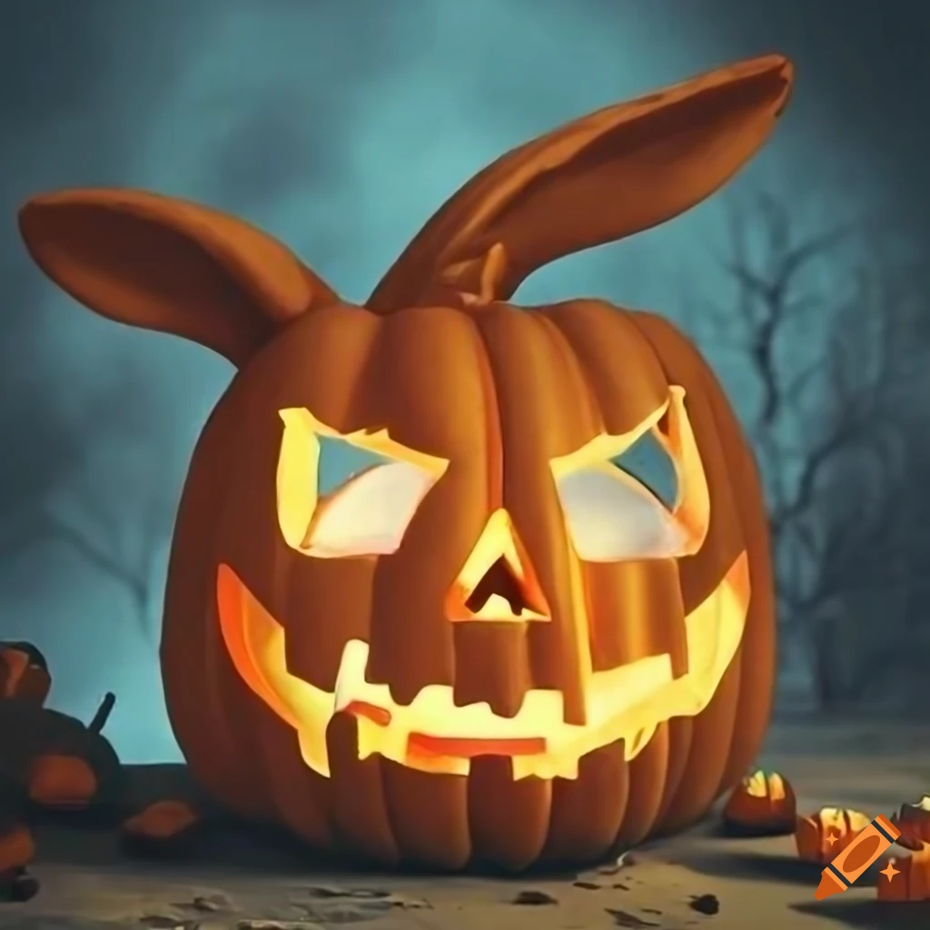 Rabbit with a pumpkin head in a Halloween cemetery on Craiyon