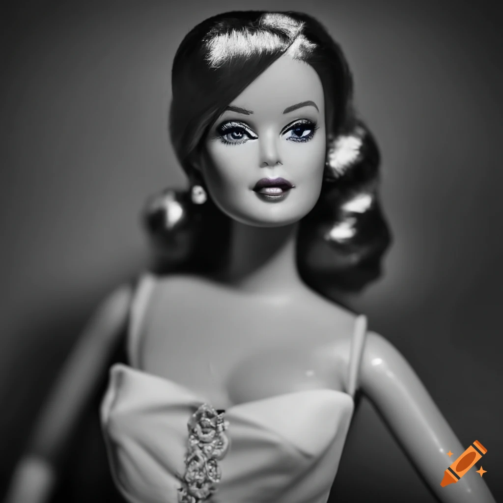 Fashionable barbie with nostalgic 1950s style in a monochromatic
