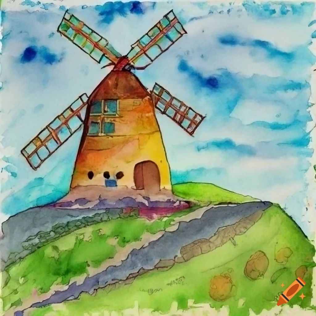 Windmill atop a hill in a medieval fantasy setting