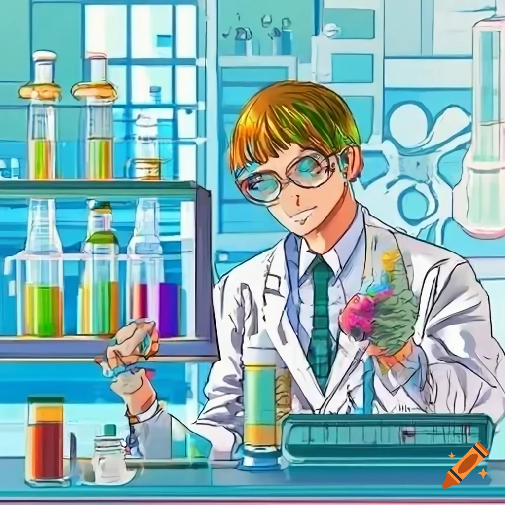 Professor conducting experiments in a large laboratory in manga style ...