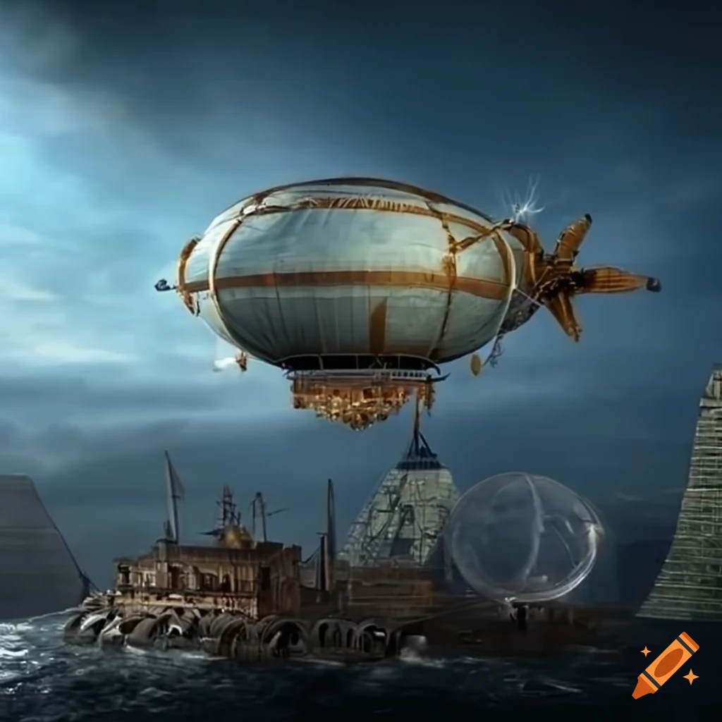 Steampunk airship with bullet shaped balloon floating in the sky