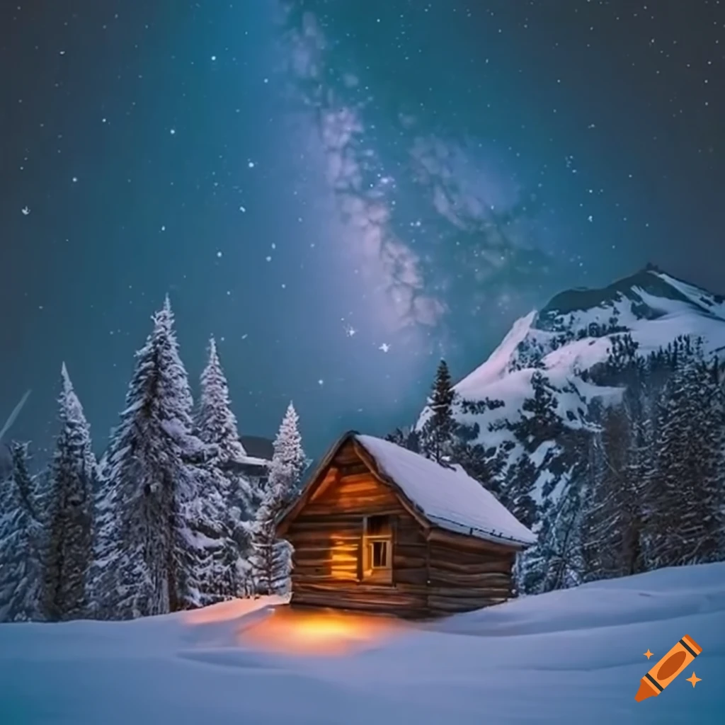 Cozy wood cabin in snowy mountains under a starry sky on Craiyon