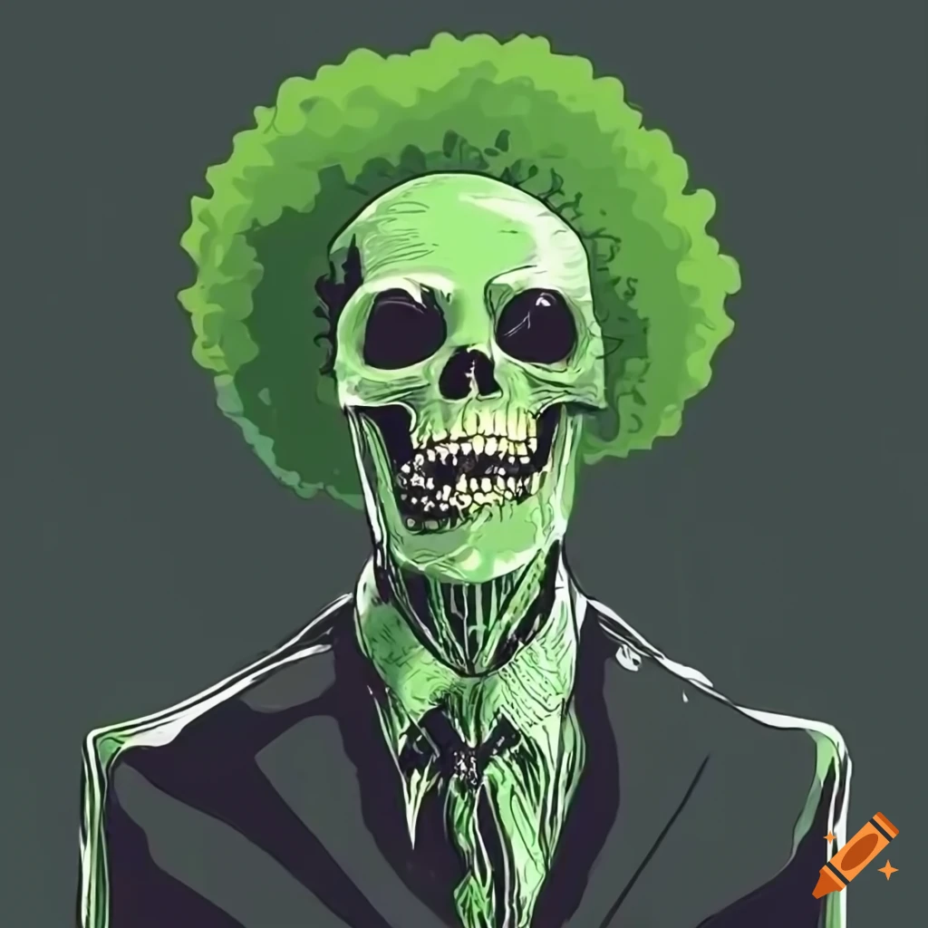 Grinning green skeleton in a black suit with a smoke afro on Craiyon