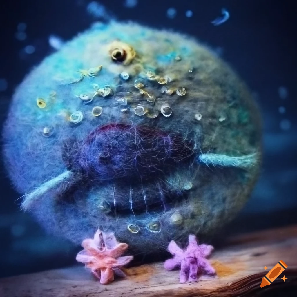 Needle felt bathysphere descending among deep sea fishes with rays of light