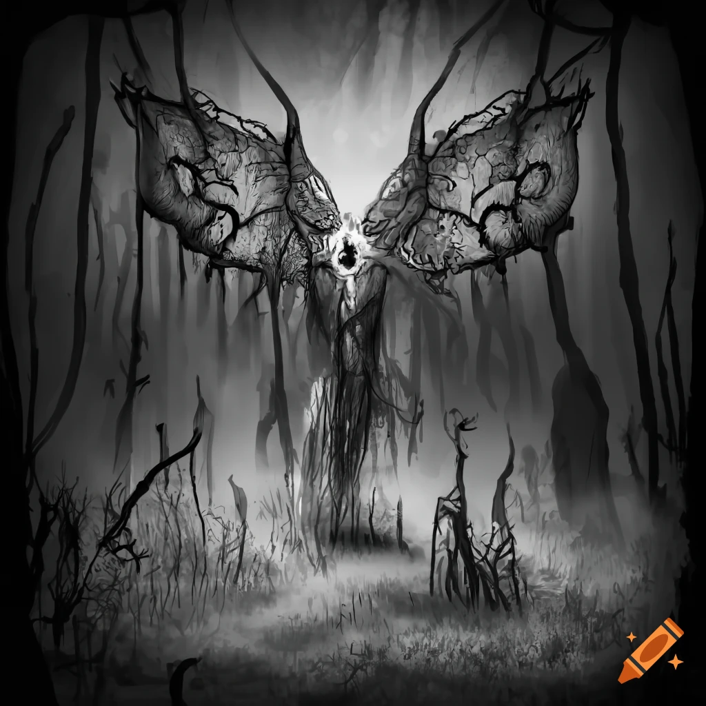 Cryptic scene with cryptids and slender creatures in a dark fairytale-like forest