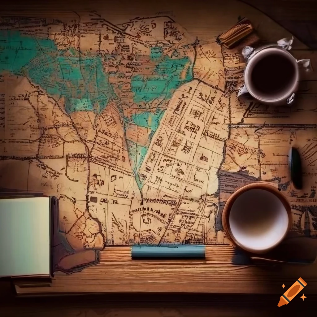 Top view of vintage wooden desk with scattered papers, books, and district map
