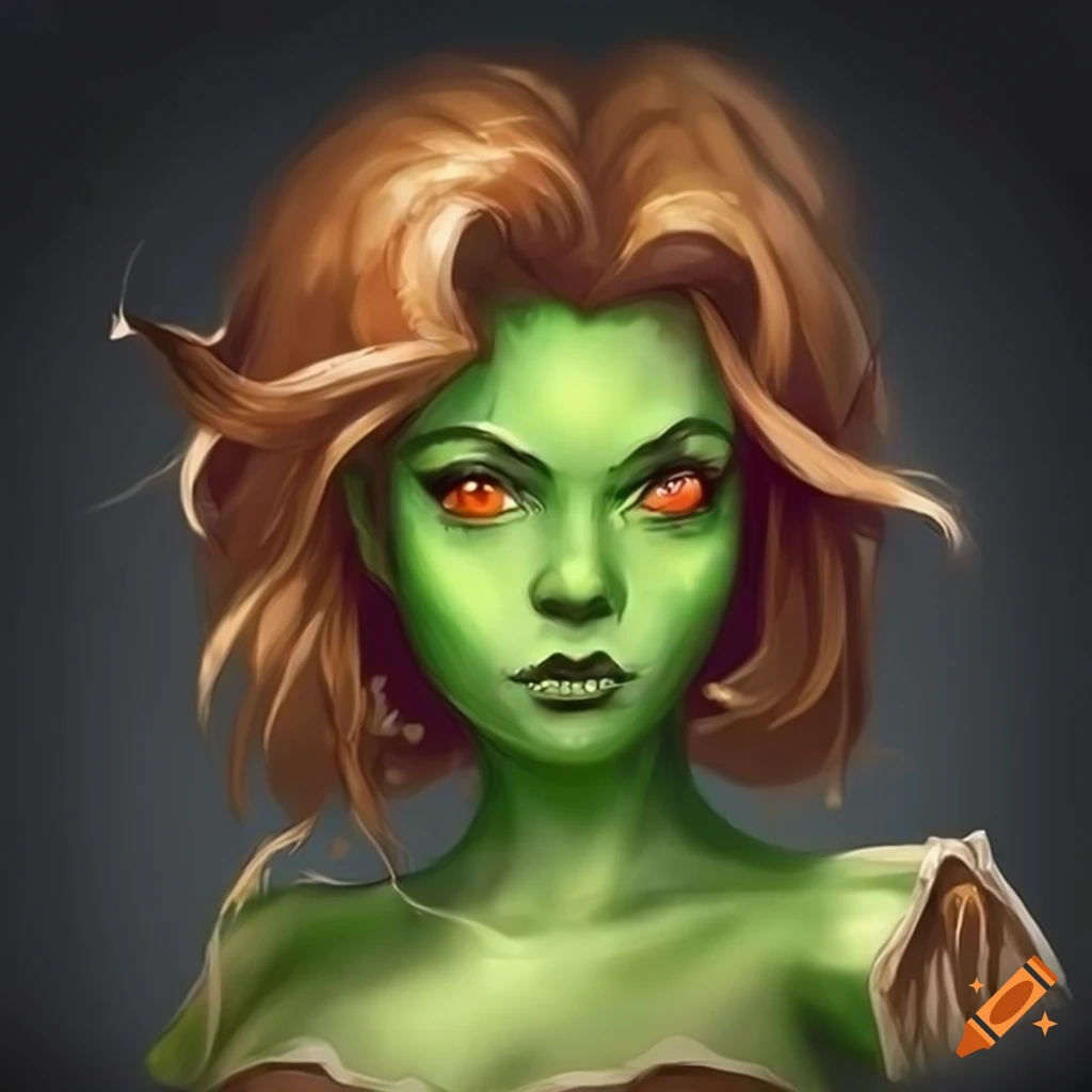 Female green goblin with brown hair and freckles in fantasy dress on ...