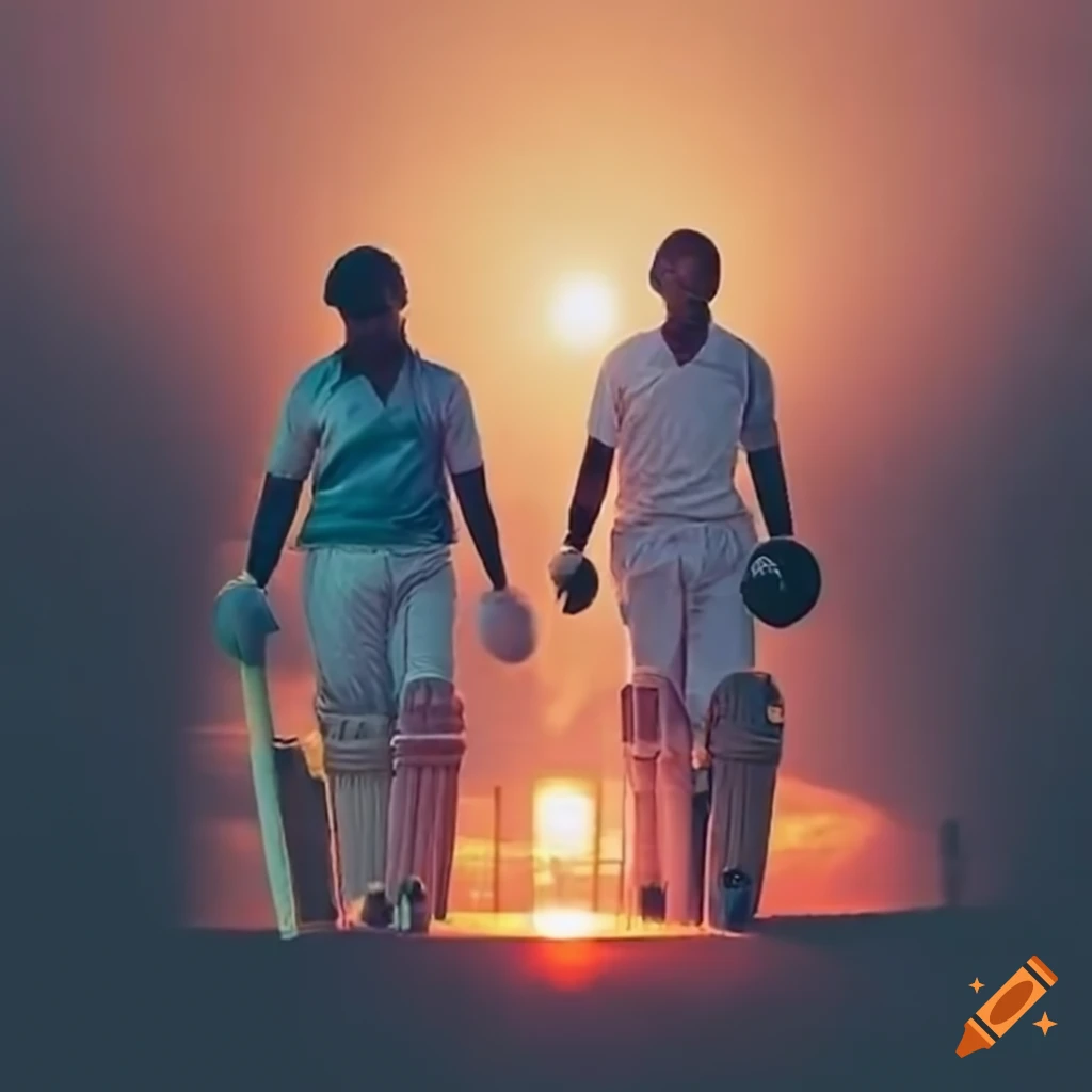 Cricket bowler and batter walking off the field as friends at sunset on